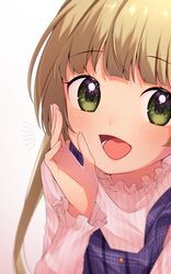  1girl blue_dress blush close-up dress ggyoku green_eyes hand_up highres idolmaster idolmaster_cinderella_girls light_brown_hair long_hair long_sleeves looking_at_viewer open_mouth pink_shirt shirt smile solo tongue white_background yokoyama_chika 