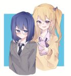  2girls behind_another blazer blonde_hair blue_background blue_eyes blue_hair blush border bow brown_eyes cardigan cellphone chibana_sumika closed_mouth collared_shirt cropped_torso diagonal-striped_necktie double-parted_bangs glasses grey_jacket gyaru hair_bow hand_on_another&#039;s_shoulder highres holding holding_phone jacket long_hair long_sleeves mamiya_kanoko multiple_girls open_mouth phone school_uniform shirt side_ponytail sideways_glance simple_background smartphone smile sweatdrop upper_body watashi_no_yuri_wa_oshigoto_desu! white_border yellow_cardigan yukineko_(hrt07121030) 