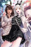 2girls amusement_park animal_ear_headwear animal_ears ascot black_ascot black_bow black_bowtie black_nails black_skirt blanc_(nikke) blunt_bangs blush bow bowtie brown_hair collared_shirt cotton_candy dress facial_tattoo fake_animal_ears fishnet_pantyhose fishnets goddess_of_victory:_nikke hair_between_eyes hair_bow hair_ornament hand_on_own_chin heart highres holding jihya long_hair long_sleeves multiple_girls nail_polish noir_(nikke) open_mouth outdoors pantyhose pointing rabbit_hair_ornament red_eyeliner shirt skirt smile sweatdrop sweater_vest tattoo very_long_hair white_hair white_nails white_shirt yellow_eyes 
