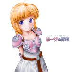  1girl armor armored_dress arms_behind_back belt blonde_hair blue_eyes braid breastplate brown_belt copyright_name dress grin highres long_hair minamoto80486 pink_armor rosa_(vnd) shoulder_armor simple_background single_braid smile solo teeth valkyrie_no_densetsu white_background white_dress 