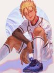  1boy :p ball blonde_hair blue_footwear blue_lock character_name collared_shirt commentary dark-skinned_male dark_skin highres knees_up kshima_mo369 long_sleeves looking_at_viewer male_focus shidou_ryuusei shirt shoes shorts sitting soccer_ball soccer_uniform solo sportswear tongue tongue_out tsurime violet_eyes white_background white_shirt white_shorts 