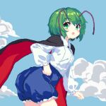  1girl 999_(hansode) antennae black_cape blue_shorts blue_sky cape commentary green_eyes green_hair highres long_sleeves looking_at_viewer open_mouth outdoors red_cape sailor_collar shirt short_hair shorts sky solo touhou two-tone_cape white_shirt wriggle_nightbug 