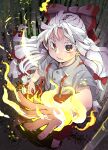  1girl absurdres bamboo bow bright_pupils fire from_above fujiwara_no_mokou full_body grey_shirt hair_bow highres inuyama_konan light_particles long_hair looking_at_viewer magic multiple_hair_bows pants parted_lips reaching reaching_towards_viewer red_eyes red_pants ringed_eyes shirt short_sleeves solo standing suspenders touhou white_hair 