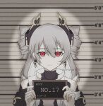  1girl absurdres barbie_(live_action) barbie_mugshot_(meme) bare_shoulders black_headwear character_name closed_mouth drill_hair earrings english_commentary grey_hair height_chart height_mark highres honkai_(series) honkai_impact_3rd jewelry looking_at_viewer medium_hair meme mugshot prometheus_(honkai_impact) red_eyes selunatic_iv solo twitter_username 