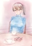  1girl blue_sweater breasts brown_eyes brown_hair chair coffee commentary_request cup highres kaga_(kancolle) kantai_collection large_breasts pov ribbed_sweater saucer side_ponytail solo sweater teacup turtleneck turtleneck_sweater upper_body yuichi_(sp_sakura_yoshi) 