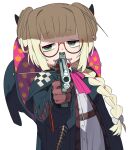  1girl aiming_at_viewer black_jacket blonde_hair bone bow braid chest_belt commentary_request double_bun doughnut_hair_bun fangs glasses green_eyes gun hair_bun hair_over_shoulder half-closed_eyes hat hat_around_neck holding holding_gun holding_weapon horns jacket kometsubu long_hair long_sleeves open_clothes open_jacket open_mouth original revolver semi-rimless_eyewear shirt skin_fangs smile solo tareme upper_body weapon white_bow white_shirt witch_hat 