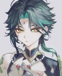  1boy arm_tattoo bead_necklace beads black_hair facial_mark forehead_mark genshin_impact gradient_hair green_hair grey_background highres jewelry male_focus multicolored_hair necklace parted_lips simple_background solo tassel tattoo upper_body xiao_(genshin_impact) yellow_eyes zaso 