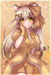  1girl alternate_costume animal_ears cat_ears cat_girl cat_tail closed_mouth dress extra_ears geoffroy&#039;s_cat_(kemono_friends) gloves grey_hair highres hikarikmy kemono_friends kemono_friends_v_project long_hair looking_at_viewer ribbon simple_background smile solo tail virtual_youtuber yellow_background yellow_eyes 