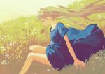  1girl bare_legs blonde_hair blue_dress dress flower foot_out_of_frame full_body grass long_hair original outdoors potg_(piotegu) profile red_eyes shadow short_sleeves signature sitting solo white_flower wind 