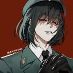  1boy artist_name bishounen black_gloves black_hair black_necktie eriimyon gloves hat highres male_focus military military_uniform necktie om red_background red_eyes shirt short_hair simple_background solo spy_x_family uniform upper_body white_shirt yandere yuri_briar 