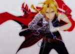  1boy belt black_pants black_shirt blonde_hair braid brown_belt cape chain collarbone edward_elric electricity fullmetal_alchemist gloves grey_eyes male_focus mechanical_arms pants red_cape shirt single_glove single_mechanical_arm sleeveless sleeveless_shirt solo tank_top white_background white_gloves yukimachi37 