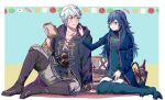  1boy 1girl alternate_costume ameno_(a_meno0) basket black_robe blue_dress blue_eyes blue_footwear blue_hair blush boots brown_eyes brown_footwear closed_mouth commentary_request dress eating fire_emblem fire_emblem_awakening food food_on_face grey_pants grey_shirt holding holding_food hood hood_down hooded_robe juliet_sleeves long_hair long_sleeves looking_at_another lucina_(fire_emblem) pants picnic picnic_basket puffy_sleeves robe robin_(fire_emblem) robin_(male)_(fire_emblem) sandwich shirt short_hair sitting smile sweatdrop white_hair 