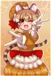  1girl alternate_costume animal_ears brown_hair cat_ears cat_girl cat_tail dress extra_ears gloves hat highres hikarikmy kemono_friends kemono_friends_v_project large-spotted_genet_(kemono_friends) long_hair looking_at_viewer one_eye_closed open_mouth ribbon simple_background smile solo tail v virtual_youtuber yellow_background yellow_eyes 