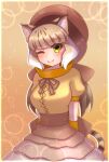  1girl alternate_costume animal_ears cat_ears cat_girl cat_tail closed_mouth dress extra_ears grey_hair hat highres hikarikmy jungle_cat_(kemono_friends) kemono_friends kemono_friends_v_project long_hair looking_at_viewer one_eye_closed ribbon simple_background smile solo tail virtual_youtuber yellow_background yellow_eyes 