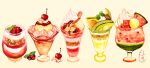  absurdres cherry cup dezitarukinngyo food food_focus fruit highres leaf no_humans original parfait pudding simple_background still_life watermelon whipped_cream yellow_background 