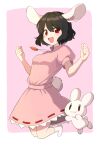  1girl :d animal_ears bad_leg bad_perspective bad_proportions black_hair breasts carrot_necklace commentary_request dress full_body hands_up happy highres inaba_mob_(touhou) inaba_tewi jewelry mothkoisi necklace open_mouth pink_background pink_dress puffy_short_sleeves puffy_sleeves rabbit rabbit_ears rabbit_tail red_eyes short_hair short_sleeves small_breasts smile solo tail touhou 