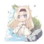  1girl animal_ear_fluff animal_ears arknights black_footwear black_hairband blonde_hair blue_eyes chibi dress flower hair_between_eyes hair_flower hair_ornament hairband highres horn_(arknights) horn_(to_effloresce_whitely)_(arknights) long_hair mishima_hisa sandals simple_background smile solo standing standing_on_one_leg very_long_hair water waterfall white_background white_dress white_flower 