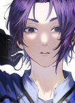  1boy 58hrprtr black_gloves blue_lock blue_shirt collared_shirt gloves hair_tie hand_up highres looking_at_viewer male_focus mikage_reo parted_lips portrait purple_hair shirt short_hair simple_background solo violet_eyes white_background 