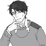  1boy absurdres black_hair graves_(hustle_cat) hand_up highres hustle_cat jewelry looking_at_viewer monochrome necklace old old_man pea_jpg ring short_hair simple_background sweater upper_body white_background 