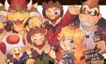  1girl 5boys absurdres animal_ears black_shirt blonde_hair blue_eyes blue_jacket bowser bracelet brown_hair claws closed_eyes collared_shirt crown donkey_kong facial_hair fangs glasses green_jacket grin hanaon hand_to_own_face highres holding holding_microphone horns jacket jewelry long_hair luigi mario microphone mini_crown monkey multicolored_eyes multiple_boys mushroom mustache one_eye_closed open_mouth orange_eyes parted_lips princess_peach red_jacket redhead shirt short_hair smile sparkle super_mario_bros. teeth thick_eyebrows toad_(mario) twitter_username 