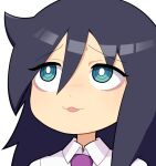  1girl :3 black_hair blue_eyes bright_pupils collared_shirt commentary_request hair_between_eyes hospital_king kuroki_tomoko long_bangs long_hair necktie open_mouth portrait purple_necktie ringed_eyes shirt simple_background solo watashi_ga_motenai_no_wa_dou_kangaetemo_omaera_ga_warui! white_pupils white_shirt 