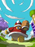  1boy blue_sky carrying_over_shoulder clouds flower from_behind gloves grass hammer highres holding holding_hammer king_dedede kirby_(series) male_focus no_humans omanju pom_pom_(clothes) red_flower sky solo star_(symbol) tree walking yellow_gloves 
