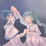  1boy 1girl ^_^ adam_moonlit aqua_hair aquamarinu blue_eyes blue_hair breasts capelet closed_eyes collarbone couple dancing dress eve_moonlit evillious_nendaiki frilled_dress frills happy hatsune_miku highres holding_hands juliet_sleeves kaito_(vocaloid) lab_coat long_hair long_sleeves ma_keikaku_(vocaloid) puffy_sleeves ribbon-trimmed_dress short_hair small_breasts smile twintails very_long_hair vocaloid white_capelet white_dress 