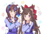  ! 2girls :o animal_ears blush bow braid brown_hair crossed_arms daiichi_ruby_(umamusume) daitaku_helios_(umamusume) drill_hair ear_bow ear_covers fang hair_bow hair_ornament hairclip hands_up highres horse_ears index_fingers_raised kurumiyasan_ns long_sleeves looking_at_another looking_at_viewer multiple_girls notice_lines one_side_up open_mouth purple_shirt purple_skirt sailor_collar school_uniform shirt simple_background skirt smile spoken_exclamation_mark star_(symbol) sweatdrop tracen_school_uniform umamusume upper_body violet_eyes white_background yellow_eyes 