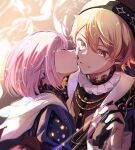  1boy 1girl black_gloves blonde_hair closed_mouth commentary earrings facepaint fingernails gloves gradient_hair hair_between_eyes hetero highres interlocked_fingers jewelry kiss kissing_cheek momomo_(m0_3) multicolored_hair official_alternate_costume orange_eyes orange_hair pink_hair project_sekai short_hair star_(symbol) tears ten_no_hate_no_phoenix_e_(project_sekai) 