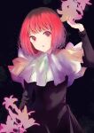  1girl absurdres arima_kana arm_up black_dress dress frilled_dress frills highres light_particles long_sleeves looking_at_viewer oshi_no_ko parted_lips purple_background red_eyes redhead short_hair silhouette solo xiang_yu_pai 
