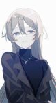  1girl black_coat closed_mouth coat expressionless hair_between_eyes jewelry looking_at_viewer necklace off_shoulder project_sekai ritzchrono sidelocks simple_background solo sweater turtleneck turtleneck_sweater upper_body white_background white_hair yoisaki_kanade zozotown 