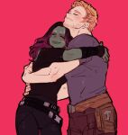 1boy 1girl beard belt blush closed_eyes closed_mouth colored_skin dishing facial_hair gamora green_skin guardians_of_the_galaxy hug marvel marvel_cinematic_universe peter_quill red_background redhead simple_background 