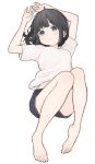  1girl 1ssakawaguchi ahoge barefoot black_hair blue_eyes blush bob_cut full_body hands_up highres light_frown lying midriff_peek on_back original shirt short_hair short_shorts shorts solo t-shirt white_background 