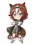  1girl animal_ears armband bamboo_memory_(umamusume) bike_shorts black_coat black_socks blush_stickers boots brown_hair chibi closed_mouth coat collared_shirt cross_tie crossed_arms ear_bow full_body gloves green_eyes green_skirt hair_ornament highres horse_ears horse_girl horse_tail kurumiyasan_ns looking_at_viewer multicolored_hair open_clothes open_coat shirt short_hair simple_background skirt smile socks solo streaked_hair tail umamusume v-shaped_eyebrows vest white_background white_footwear white_gloves white_vest 