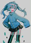  1girl ahoge artist_name black_skirt black_thighhighs blue_eyes blue_hair blue_jacket blush ene_(kagerou_project) grey_background hair_between_eyes hand_on_own_hip headphones highres jacket kagerou_project long_hair long_sleeves looking_to_the_side menma_(enaic31) miniskirt open_mouth puffy_long_sleeves puffy_sleeves simple_background skirt smile solo standing teeth thigh-highs tongue track_jacket twintails zipper 