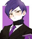  1boy armband black_gloves black_jacket black_sweater blush brown_eyes closed_mouth collared_shirt commentary_request crossed_arms frown gloves jacket lobotomy_corporation long_sleeves male_focus medu_(rubish) necktie project_moon purple_armband purple_hair purple_necktie ribbed_sweater shirt short_hair solo sweater turtleneck turtleneck_sweater white_shirt yesod_(project_moon) 