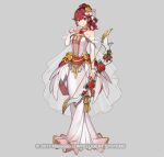  1girl anna_(fire_emblem) bow_(weapon) commentary_request dress fire_emblem fire_emblem_heroes flower gold_choker hair_flower hair_ornament konfuzikokon long_dress off-shoulder_dress off_shoulder official_art ponytail red_eyes redhead rose smile solo weapon white_dress yellow_flower yellow_rose 
