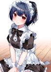  1girl apron beeftanizoko black_bow black_bowtie black_dress black_ribbon blue_hair blurry blurry_background blush bow bowtie breasts closed_mouth dot_nose dress frilled_apron frilled_dress frills hair_between_eyes hair_ribbon highres idolmaster idolmaster_shiny_colors looking_at_viewer maid maid_apron maid_headdress morino_rinze ponytail red_eyes ribbon short_hair short_sleeves sitting small_breasts smile solo white_apron white_wrist_cuffs wooden_floor 