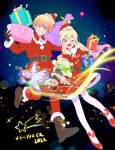  1boy 1girl 2022 belt black_gloves blonde_hair box commentary_request gift gift_box gloves gradient_hair hat highres holding holding_gift long_hair long_sleeves merry_christmas mokux_(mo_ku) multicolored_hair one_eye_closed open_mouth orange_eyes orange_hair pegasus pink_eyes pink_hair project_sekai santa_costume santa_hat short_hair sleigh stuffed_animal stuffed_toy teddy_bear teeth tenma_saki tenma_tsukasa 