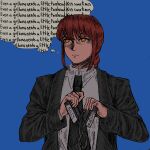  1girl black_jacket black_necktie blue_background braid breaking chainsaw_man commentary english_commentary english_text eyebrows_hidden_by_hair formal highres jacket makima_(chainsaw_man) necktie orange_eyes redhead sidelocks single_braid solo suit thought_bubble toasty_rolls upper_body videocassette 