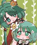  2girls ahoge black_jacket blunt_ends blush_stickers bow bowtie braid braided_bangs cape collared_shirt cone_hair_bun dot_nose flower green_background green_eyes green_hair hair_bun hair_flower hair_ornament hand_on_another&#039;s_head heruka_(madoka_magica) highres jacket leon0510 long_hair looking_at_another low_twintails magia_record:_mahou_shoujo_madoka_magica_gaiden mahou_shoujo_madoka_magica multiple_girls natsume_kako portrait red_bow red_bowtie red_cape shirt short_hair smile twintails very_long_hair white_bow white_bowtie white_flower yellow_flower 