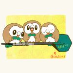  absurdres beak bird border bright_pupils closed_eyes dart highres luckycl2019 no_humans open_mouth oversized_object owl pokemon pokemon_(creature) rowlet signature sleeping translation_request twitter_username white_border white_pupils yellow_background 