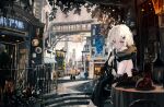  1girl absurdres building city grey_eyes heterochromia highres original outdoors red_eyes road scenery scyze street tagme white_hair 