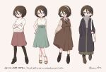  1girl black_hair black_skirt bleach blue_eyes blue_skirt blue_sweater boots brown_dress brown_footwear brown_pantyhose dress full_body hair_between_eyes hairband highres kuchiki_rukia long_sleeves looking_at_viewer multiple_views nana_07 pantyhose pink_skirt sandals shirt short_hair skirt sleeveless sleeveless_shirt socks sweater white_hairband white_shirt white_sweater 