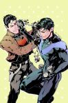  2boys artist_name batman_(series) belt black_belt black_bodysuit black_hair black_pants black_shirt blue_bodysuit bodysuit boots brothers brown_jacket covered_abs cupcake dc_comics dick_grayson evinist food food_on_face green_background highres holding holding_food holster jacket jason_todd large_pectorals male_focus multicolored_hair multiple_boys muscular muscular_male nightwing one_eye_closed open_clothes open_jacket pants pectorals red_hood_(dc) shirt short_hair siblings simple_background smile two-tone_bodysuit two-tone_hair white_hair 