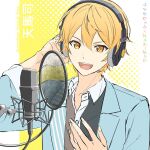  1boy arm_behind_back blue_jacket buttons collared_shirt headphones iwatnc jacket long_sleeves looking_at_viewer male_focus microphone open_mouth project_sekai shirt smile solo studio_microphone tenma_tsukasa two-tone_shirt upper_body yellow_background 