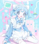  1girl animal_hat apron bandaid bandaid_on_leg blue_background blue_bow blue_footwear blue_hair blue_jacket bow cardiogram cat_hat cellphone frilled_apron frills hair_bow hairband hat headphones jacket lolita_hairband long_sleeves looking_at_viewer olliuil_3 open_mouth original phone shoes sitting solo thigh-highs track_jacket twintails wariza white_apron white_thighhighs 