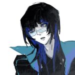  black_hair black_jacket blue_eyes colored_skin glasses highres jacket jiao_chang medium_hair pale_skin solo upper_body white_background white_skin 