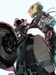  1girl blonde_hair boots driving highres jiao_chang lio_fotia motor_vehicle motorcycle pink_eyes promare solo white_background 