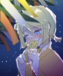  1girl ataraii_moyasi bamboo blonde_hair blue_eyes blurry blurry_foreground blush covering_mouth depth_of_field embarrassed highres holding_tanzaku japanese_clothes kagamine_rin kimono night night_sky orange_kimono short_hair short_twintails shy sideways_glance sketch sky solo star_(sky) starry_sky tanabata tanzaku translation_request twintails vocaloid 